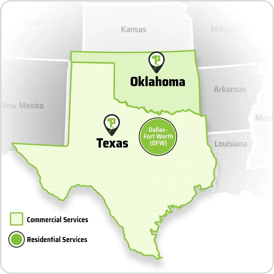 Service Area Map Perfect Pest Control Texas and Oklahoma