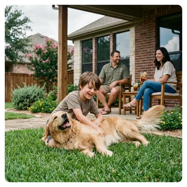 family outside playing with dog
